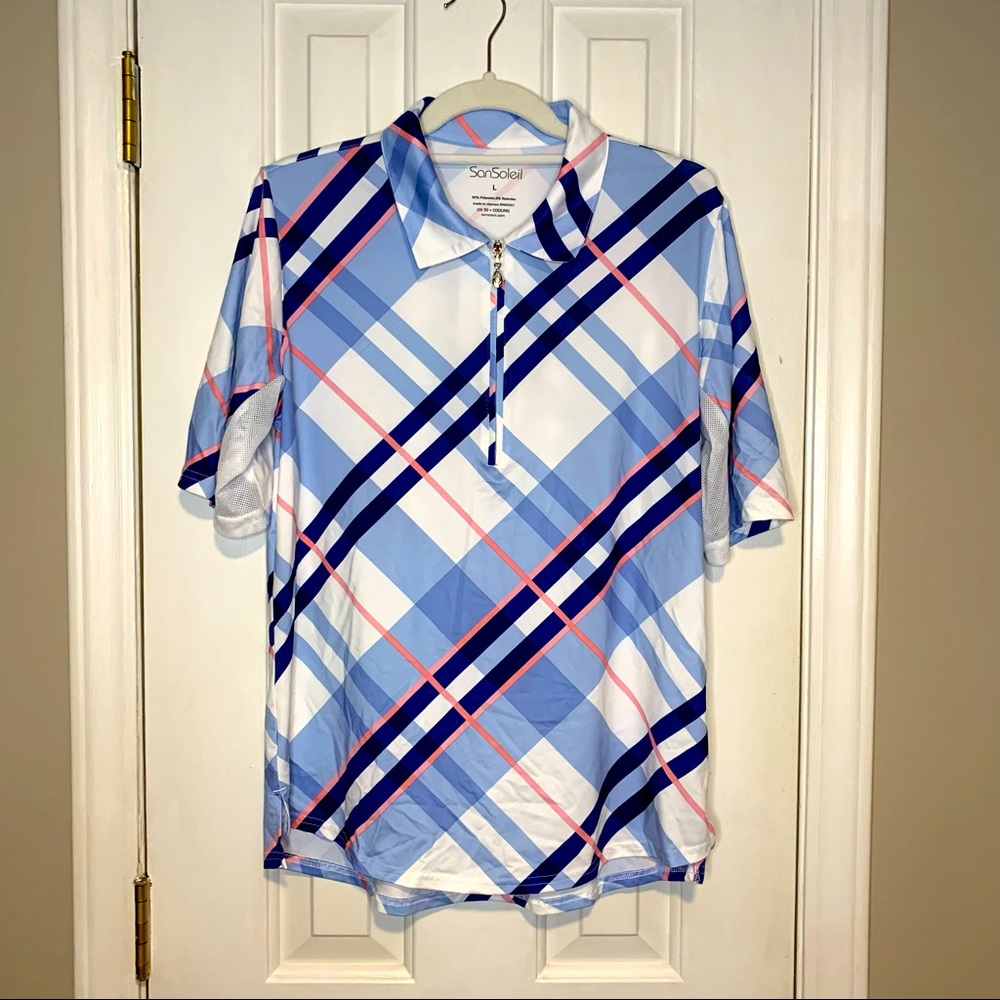 San Soleil White Blue Pink UV 50 Golf Polo | Size Large